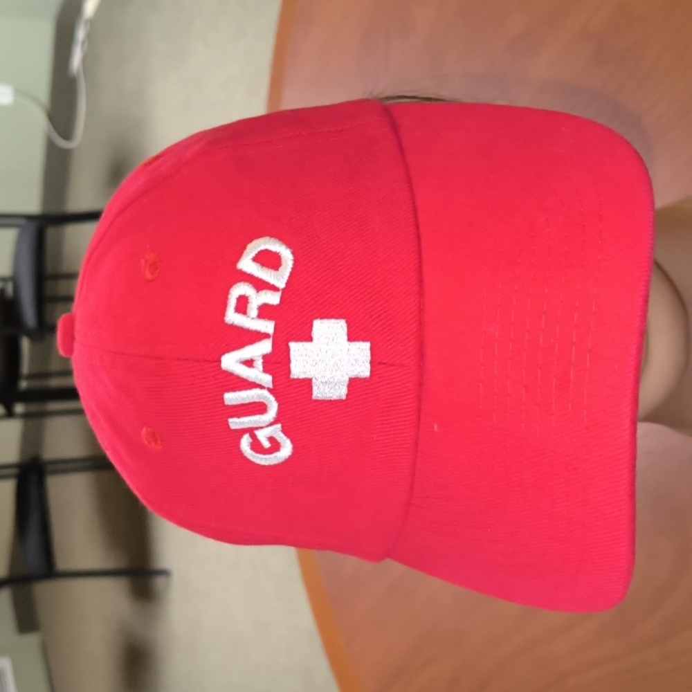 Red Life Guard White Cross Embroidered Strap-on Hat Cap OSFA